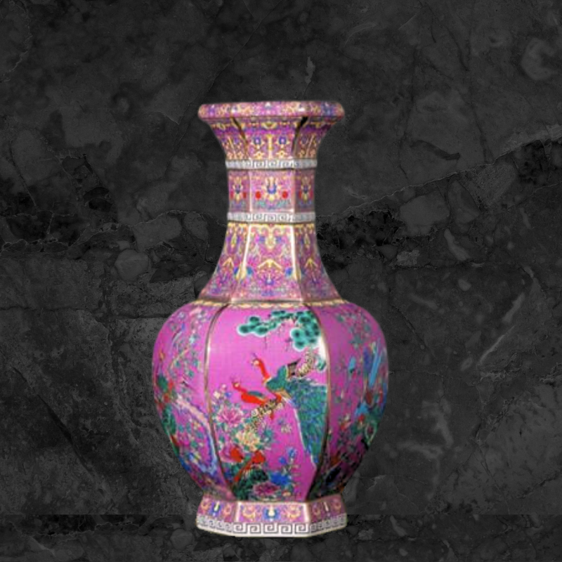 Exotic Red Peacock - Pink Porcelain Vase