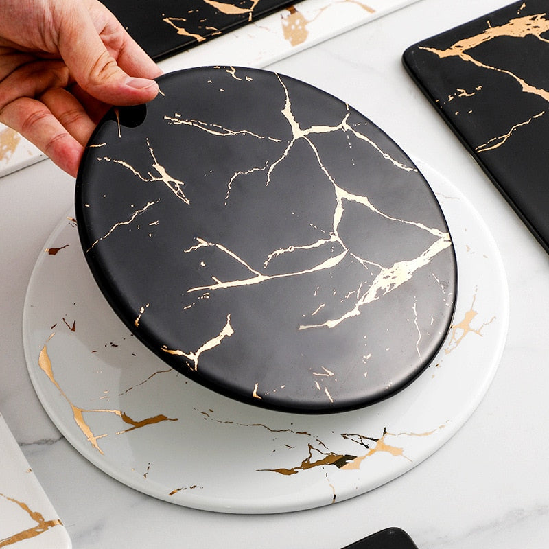 Gold Vein Candle Tray - Black - Round Medium