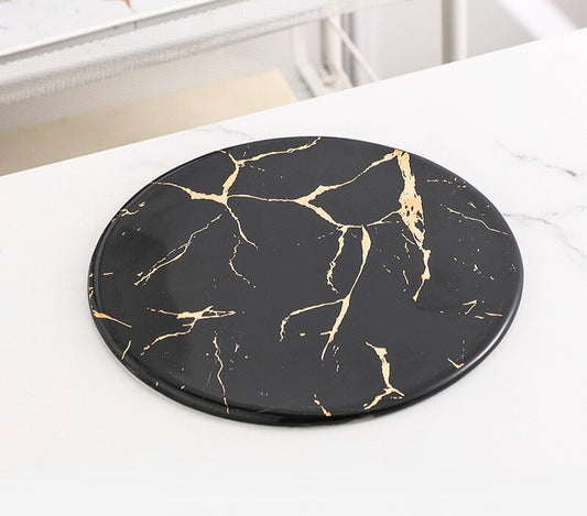 Gold Vein Candle Tray - Black - Round Medium