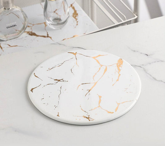 Gold Vein Candle Tray - White - Round Small