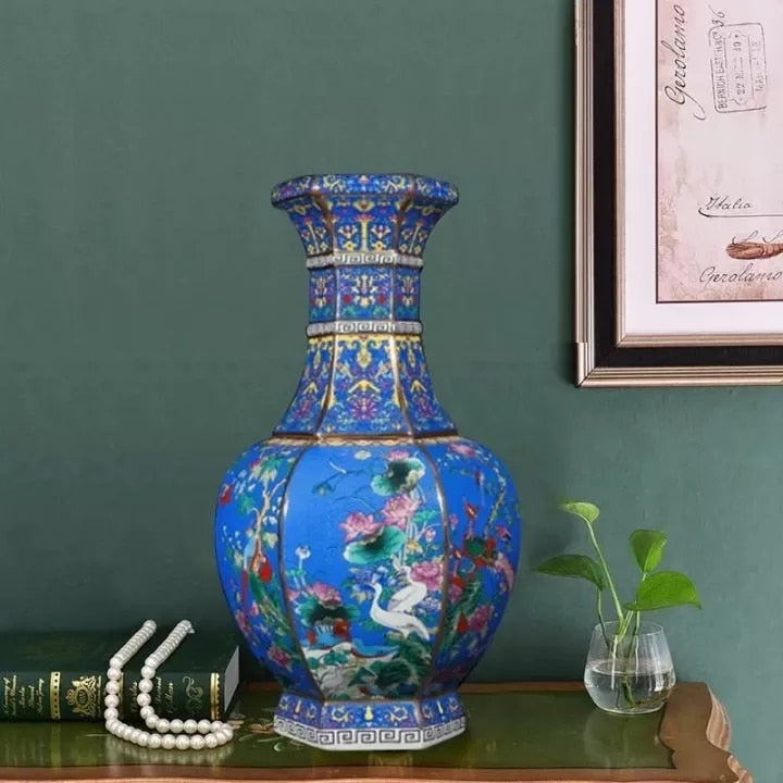 Exotic Snowy Egret - Blue Porcelain Vase
