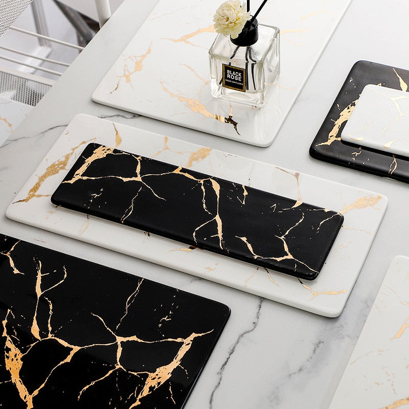 Gold Vein Candle Tray - Black - Round Medium