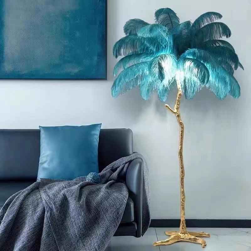 The Cleo Ostrich Lamp - Peacock Blue & Gold